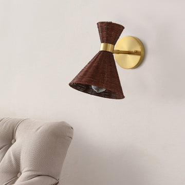 Zoey 10" 1-Light Mid-Century Vintage Retro Rattan/Metal LED Sconce with Adjustable Shade - JONATHAN Y